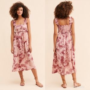 En Saison Pink Tie-Dye Midi Dress, silk midi dress ruffle sleeves